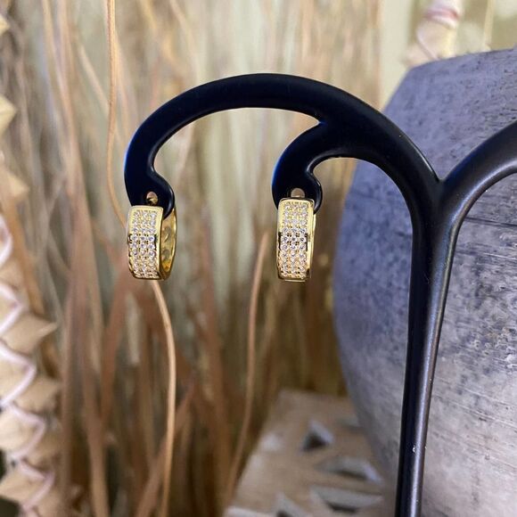 Micro Pave 14K CZ Sterling Silver Gold Hoop Earrings - Picture 4 of 7